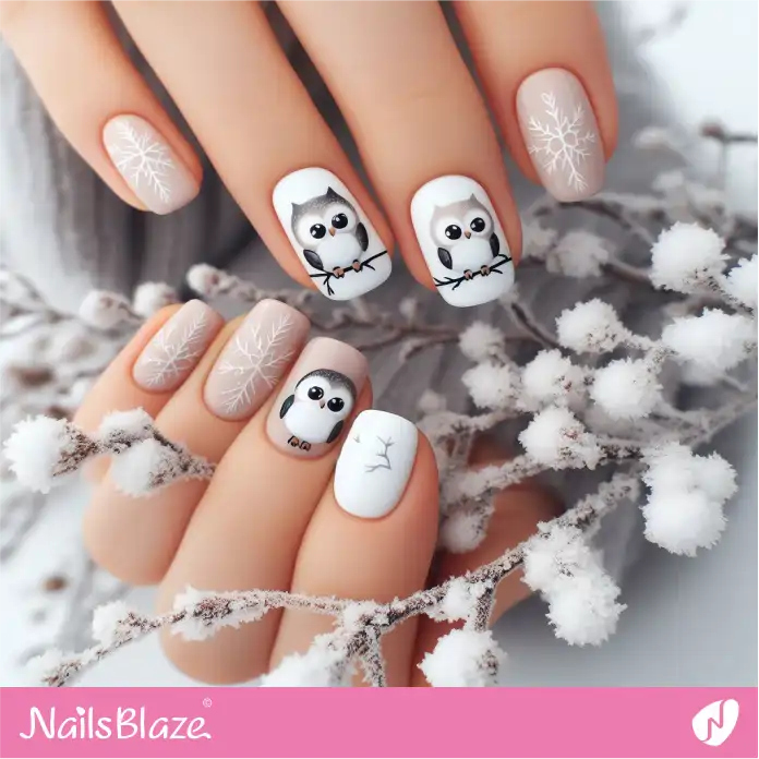 Owl and Snow Flake Nail Design | Polar Wonders Nails - NB3150